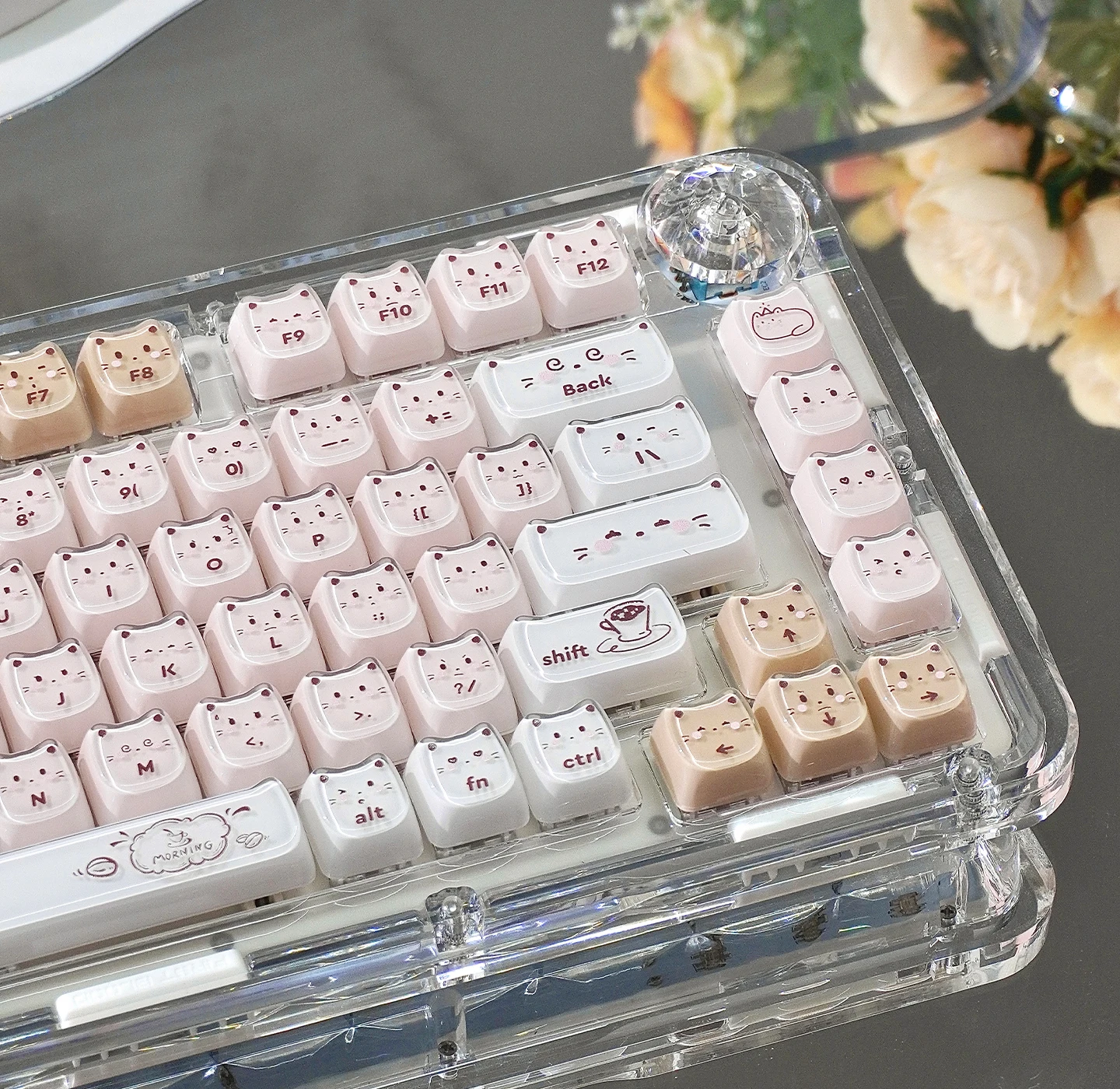 Jelly Coffee Kitten Keycaps MAO Profile Pink Cat Keycaps Custom Double Shot Key Caps For 61/87/104 Cherry MX Mechanical Keyboard