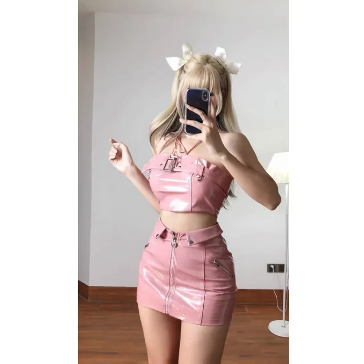 Fashion Sweet Pink Strapless Vest for Women+ Y2k E-Girl High Waist Bodycon Leather Skirts 2024 Summer New Two Piece Sets