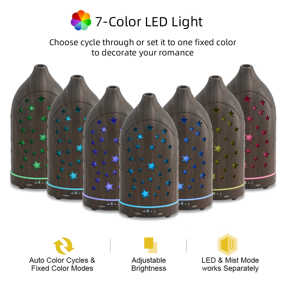 Star Hollow Essential Oil Diffuser with 7 Color LED Lights, Ultra-Quiet Operation, Auto Shut-Off, Perfect for Home, Office, or S