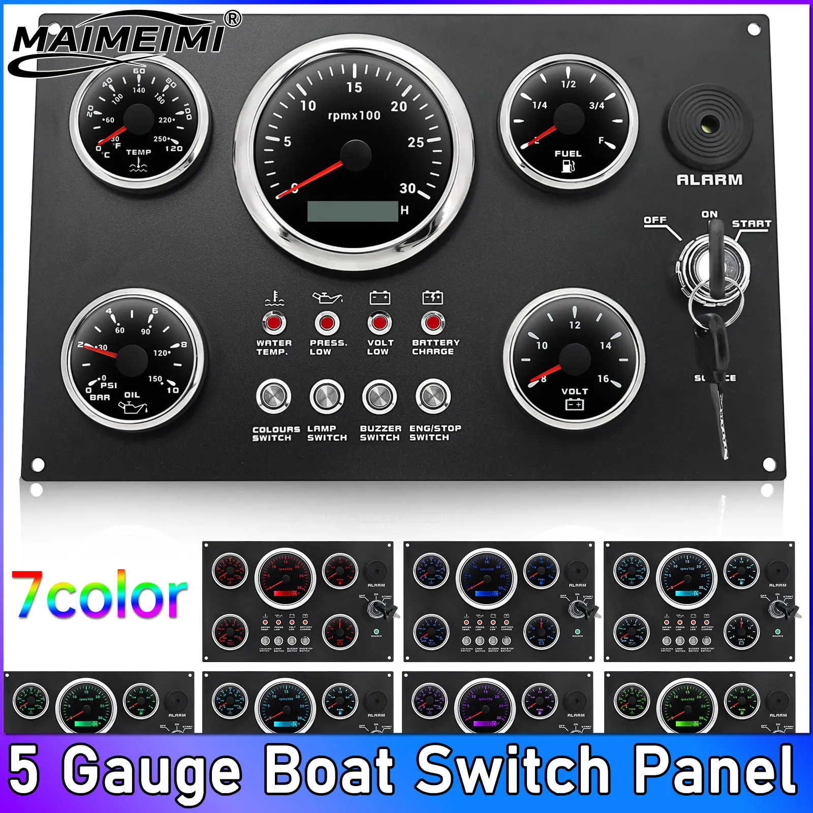 5 Gauge Boat Switch Panel Waterproof Marine Boat Car Switch Panel 24V 12V Tachometer  Water Temp Fuel Level Voltmeter 7 Colors