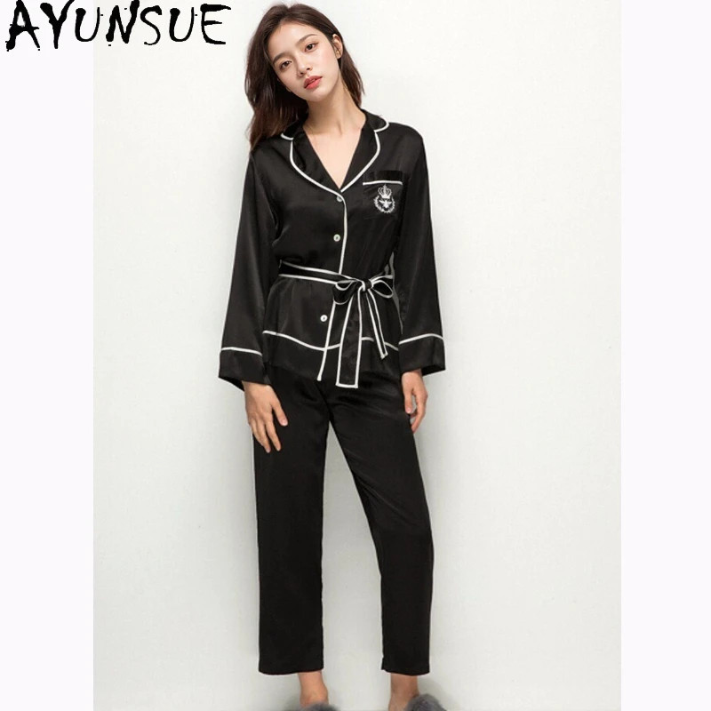 

AYUNSUE 100% Silk Woman Pajama Sets Luxury Night Wear Female Long Sleeves Sleepwear Womens Matching Sets High Quality Пижама