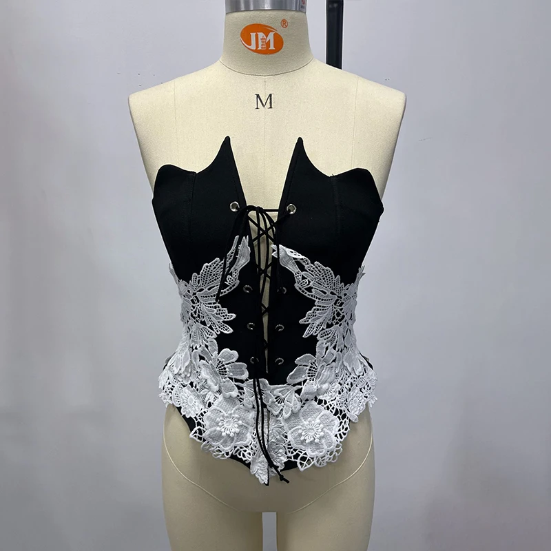 BKLD Women's Vintage Elegant Floral Contrasting Strapless Waist Cinching Hollow Lace-up Bodycon Shaping Bustier Corset Club Wear