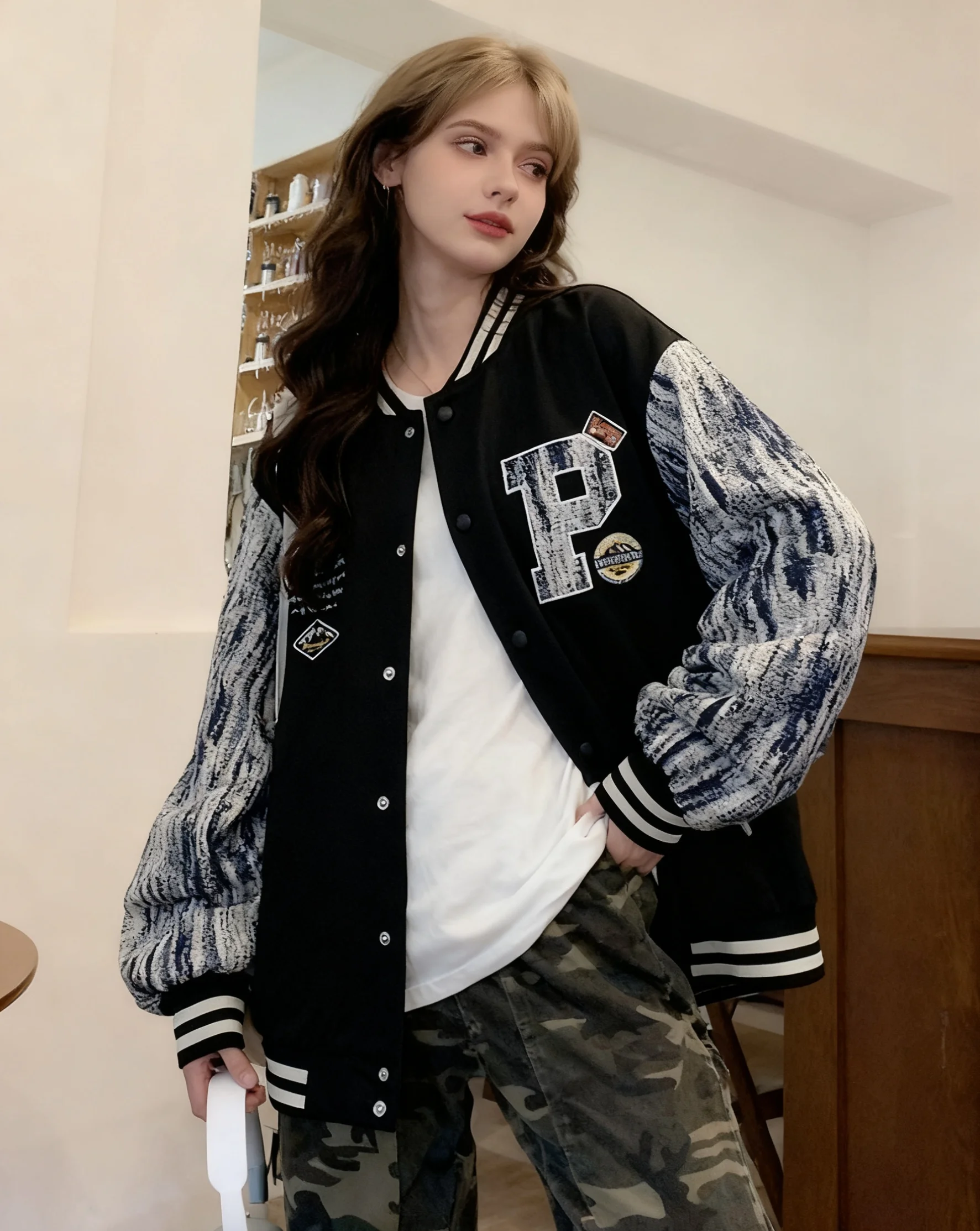 

Baseball Jackets Nylon Satin Womens Winter Anorak Double-Breasted Loose Niche Snap-Button Campus Fleeced Linen Workwear Modal OL