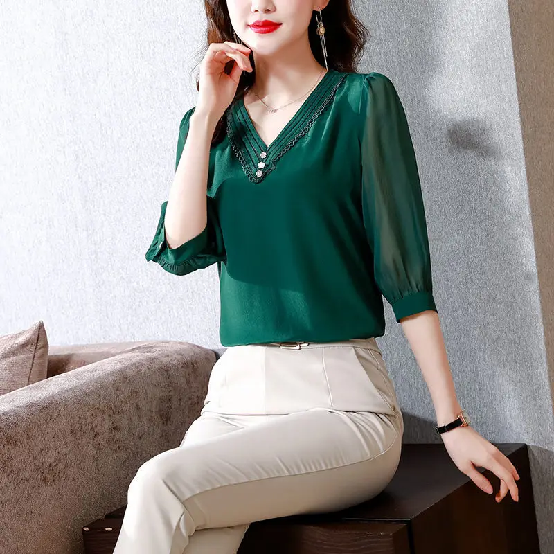 Summer Office Lady Printing Solid Color Chiffon Pullover V-neck 3/4 Sleeve Blouse Ladies Fashion Lace Shirts Women Clothing Tops