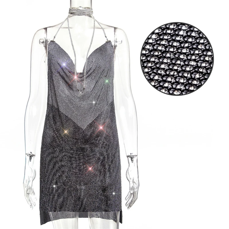 Damen Neckholder-Minikleid mit Strass-Netzstoff, Wasserfallausschnitt, Rückenfreies Bodycon-Kleid mit Schlitz, Kurzes Kleid für Nachtclub und Geburtstagsfeiern – Detail 9