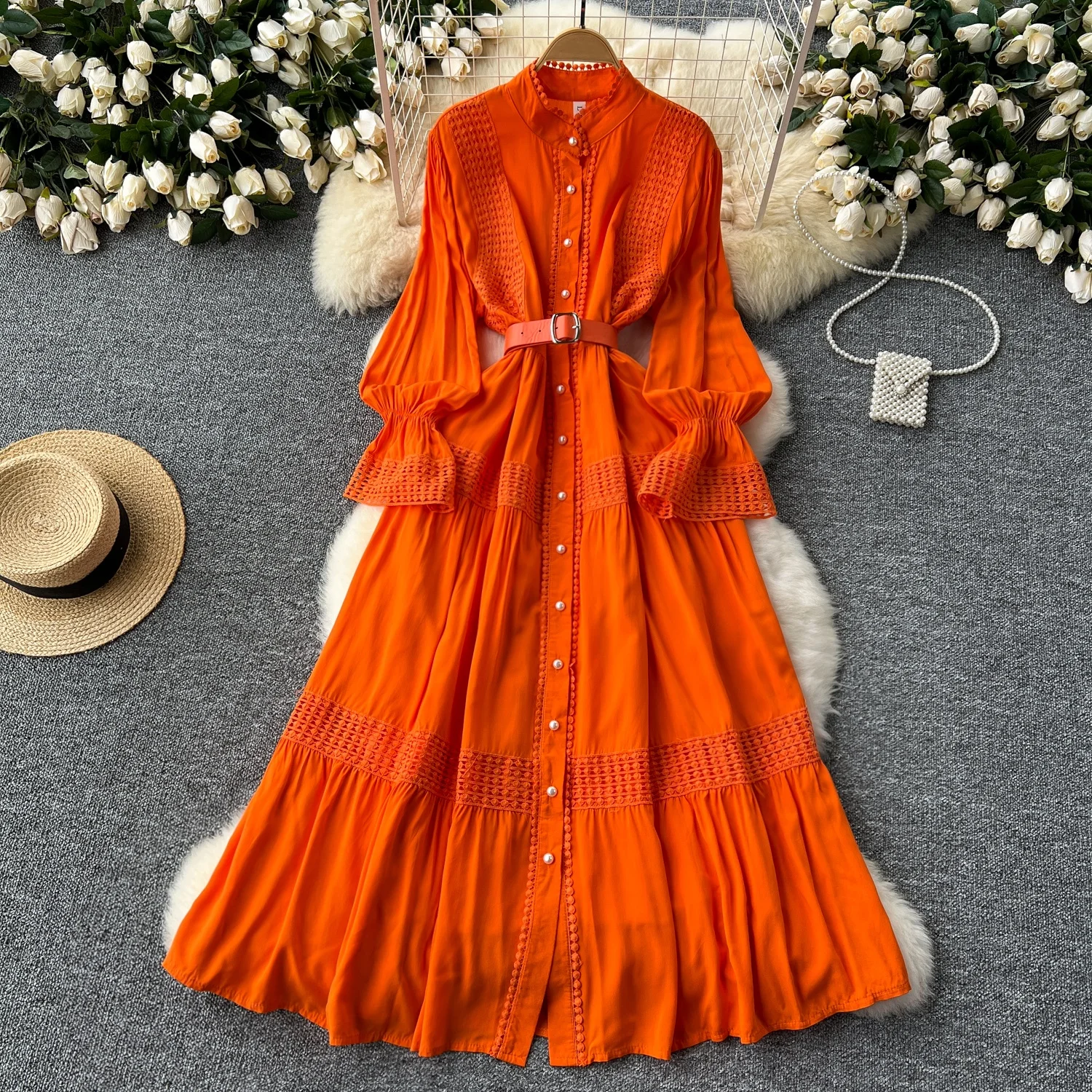 

Clothland Women Elegant Lace Shirt Dress Flare Sleeve Belt Candy Color One Piece Female Vintage Midi Dresses Vestido QD662