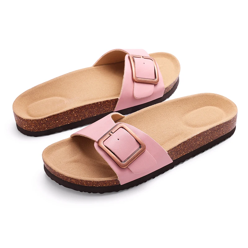 Pallene Women's Flat Sandals Cork Footbed Slippers Adjustable Buckle Slip On Fashion Summer Sandals Comfort Non Slip House Slide