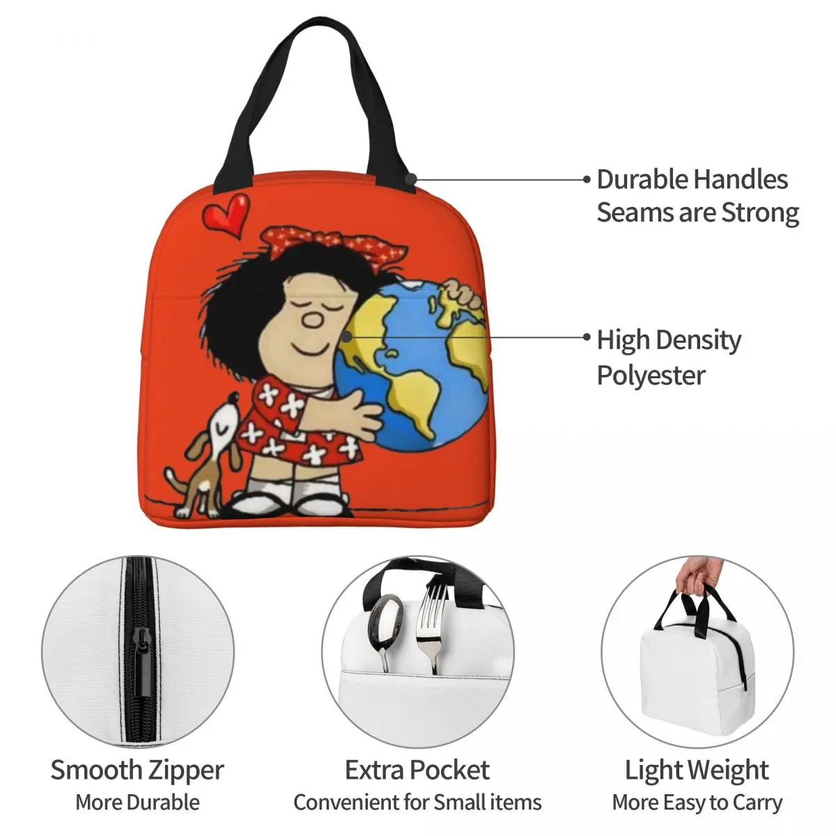 Mafalda The World And Her Puppy Insulated Lunch Bags Thermal Bag Meal Container Portable Tote Lunch Box Food Handbags Outdoor