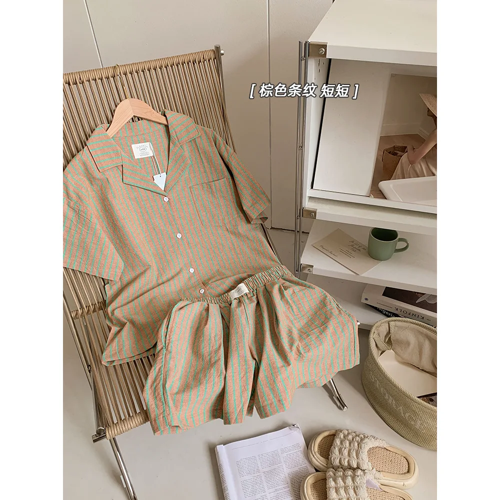 Lazy Style Casual Blue Striped Women's Sleepwear Short Sleeve Shorts Home Clothes Set Can Be Worn outside Cotton Summer New A...