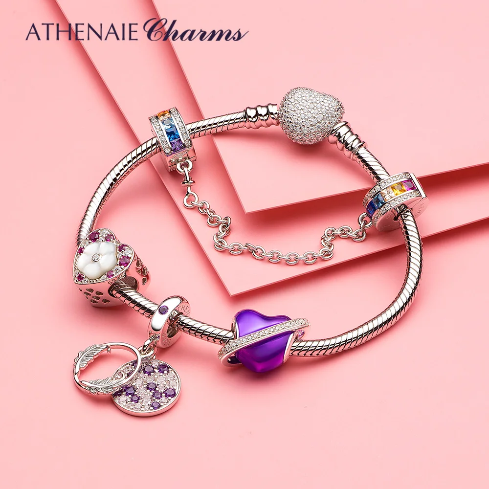 ATHENAIE 925 Sterling Silver Feather Pendant with Purple CZ Stone Fit European Bracelets for Perfect Gift Women Jewelry