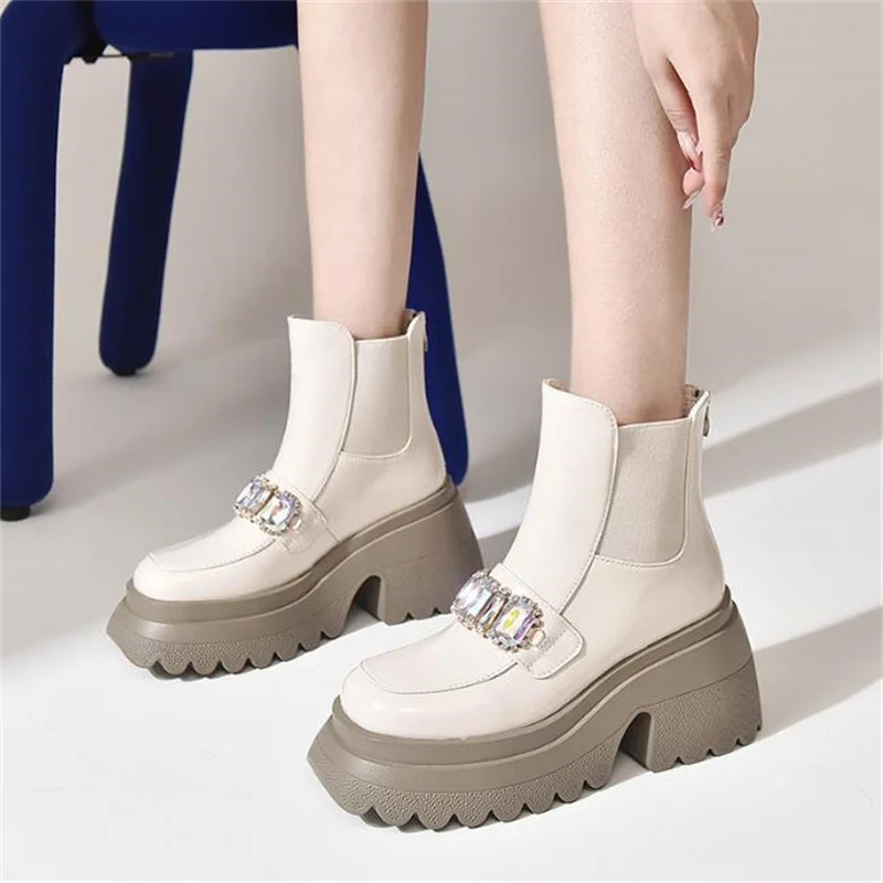 Nieuwe Kristallen Chelsea Enkel Snowboots Mode Lente Vrouwen Schoenen Flats Platform Non-Slip Sport Casual Gothic Motorfiets Bota 35 40