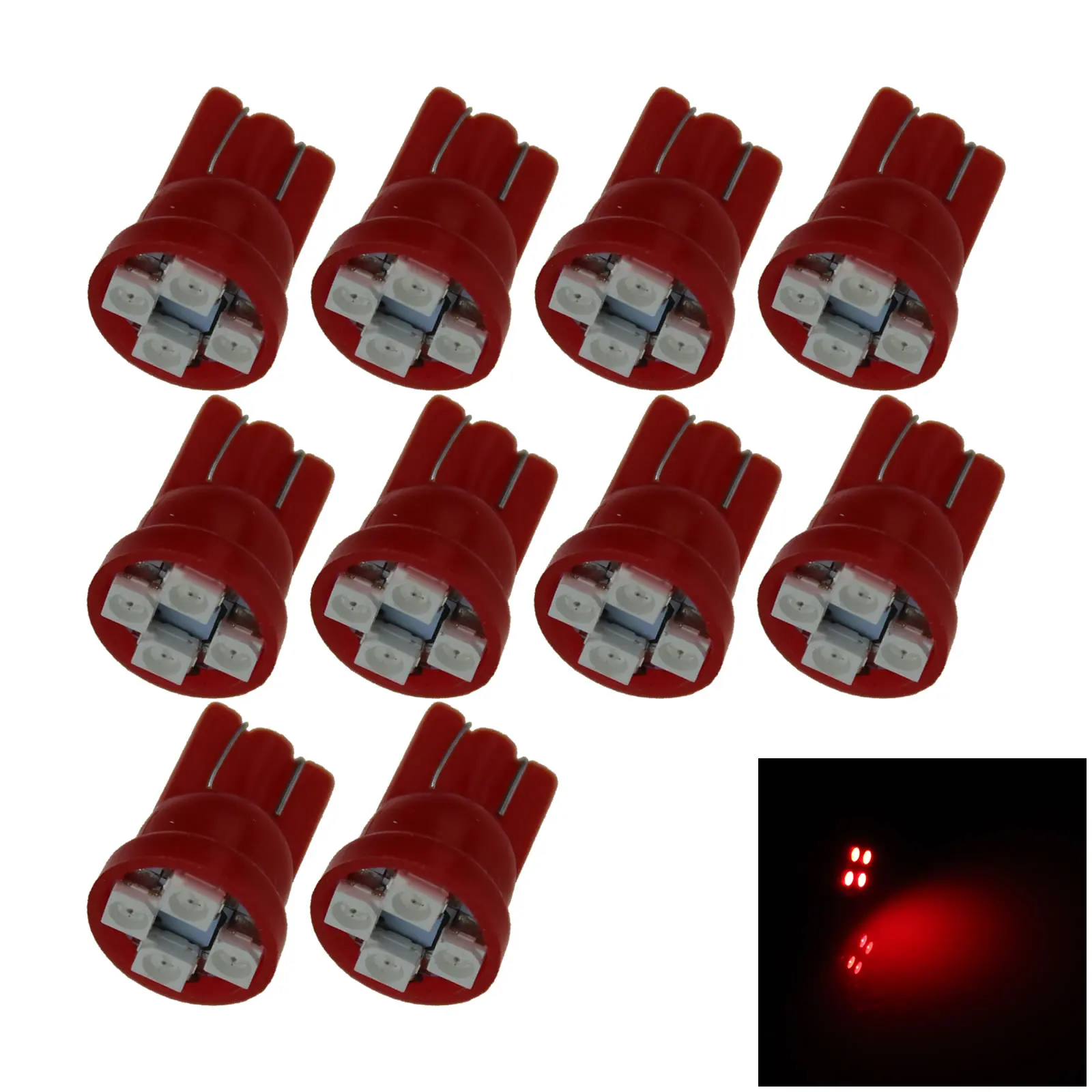 10x Red Auto T10 W5W Wedge Light Parking Bulb 4 Emitters 3528 SMD LED 657 1250 1251 A020-R
