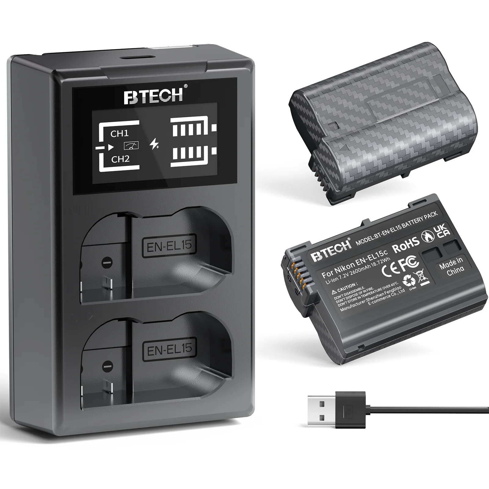 BTECH EN-EL15C Battery 2600mAh with 18W Charge for Nikon Z5, Z6, Z7, Z8, Zf, D850, D810, D750, D500, D7200, D7500, Z6 II, Z7 II