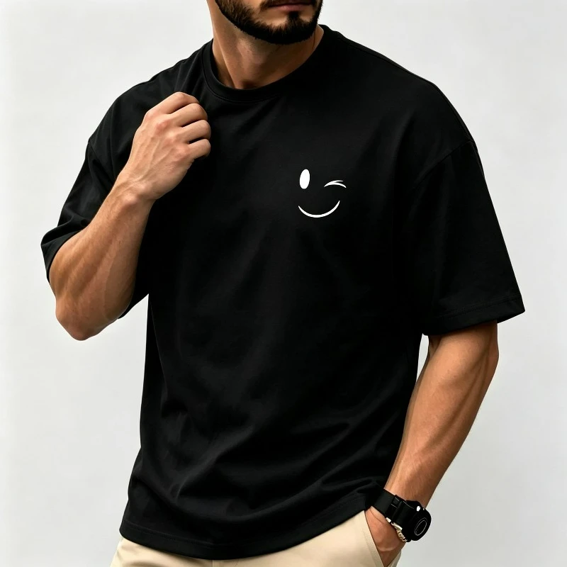 Wink Smile Face Print Men T-Shirt 100% Cotton Short Sleeve Small Chest Graphic Tee For Street Casual Daily Wear Face