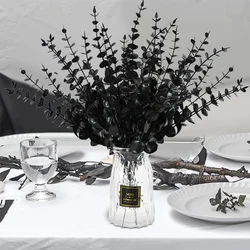 10/20Pcs Halloween Black Artificial Eucalyptus Branch Stems Faux Real Touch Flowers Leaves Plant Wedding Party Home Decoration