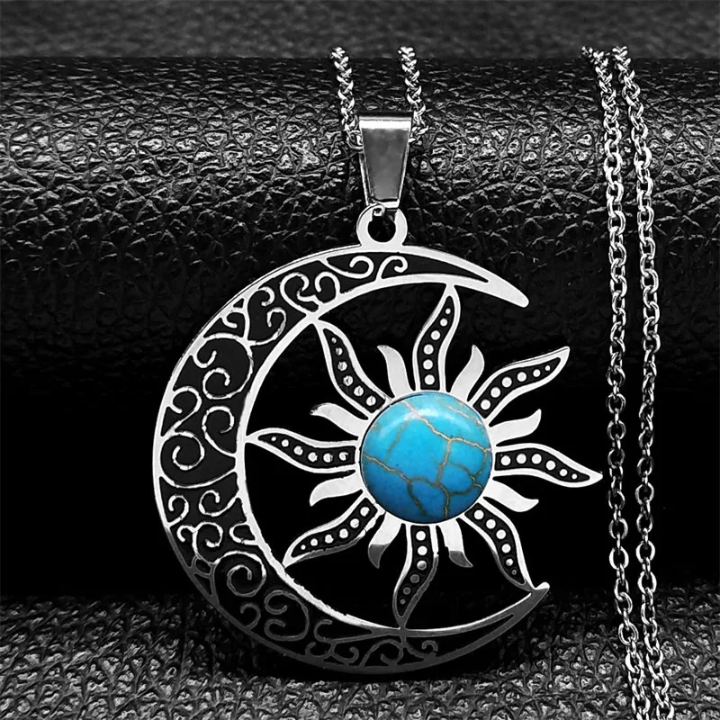 Neue Vintage Mond und Sonne Anhänger Halsketten für Frauen Männer Edelstahl Blau Kiefer Stein Crescent Moon Trendy Halskette Schmuck – Detail 4