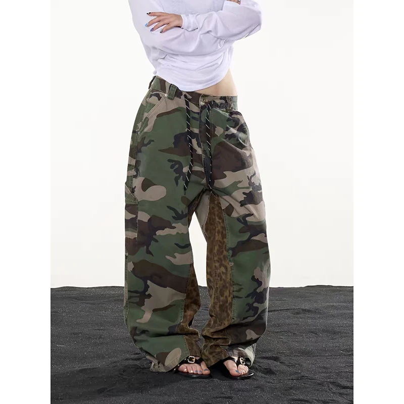 YIBASHU Women Leopard Cargo Y2K Camouflage Jeans Scimitar Wide Leg American Retro Denim Pants Baggy Trousers Gyaru Streetwear