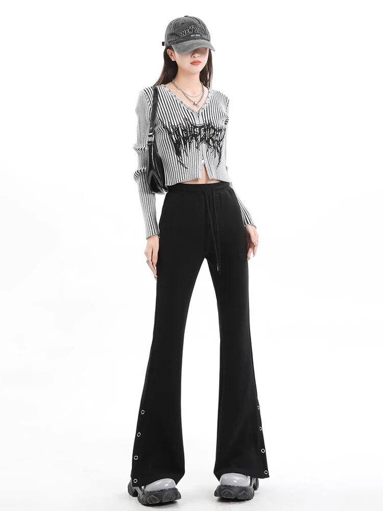 ReddaChic Elastic Waist Plain Black Bell Bottoms Women Buttoned Slit Drawstring Casual Slim Bootcut Pants Summer Autumn Clothes