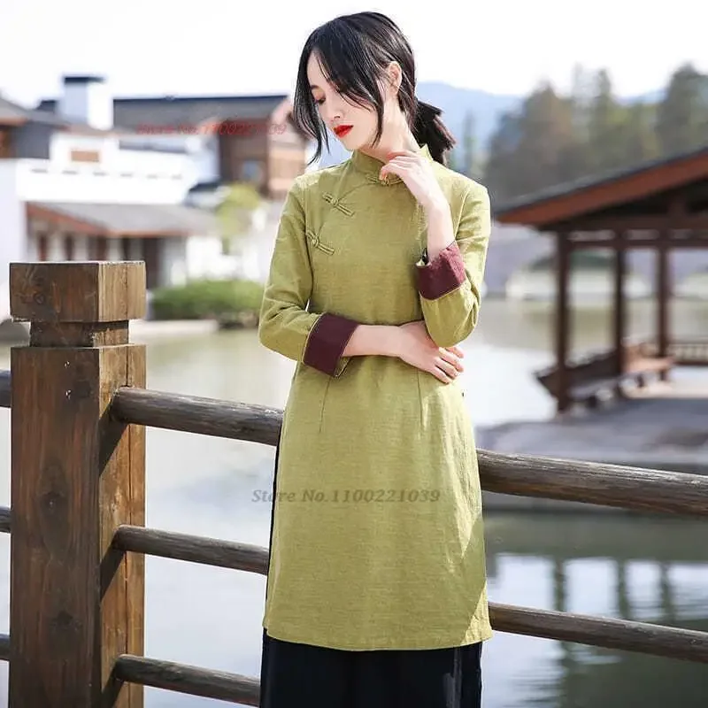 

2025 traditional chinese improved qipao vintage cotton linen hanfu tops meditation blouse traditional chinese ethnic zen suit