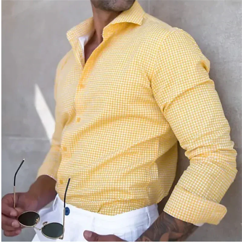 Fashion 2025 Men's Shirt Button Down Shirt Casual Shirt Yellow Long Sleeve Plaid Lapel Street Daily Clothes Casual Comfortable