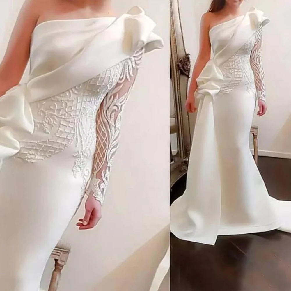 

Gorgeous White Wedding Dresses One Shoulder Long Sleeves Floor Length Mermaid Strapless Appliques Smart Women Evening Gowns