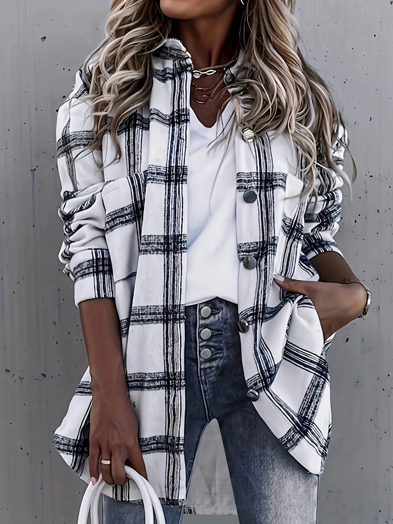 Casual Oversized Plaid Shirt for Women - White and Black Checked Button Up Blouse, Perfect for Fall and Daily Wear