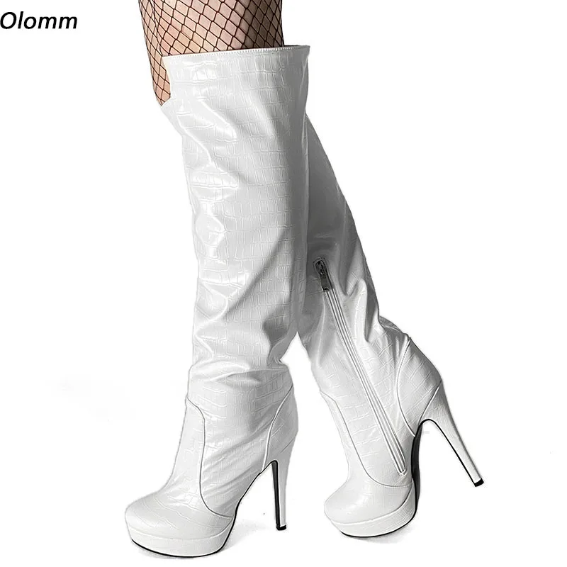 Olomm Handmade Women Winter Knee Boots Stone Pattern Stiletto High Heels Round Toe Pretty Nude Party Shoes Plus US Size 5-20