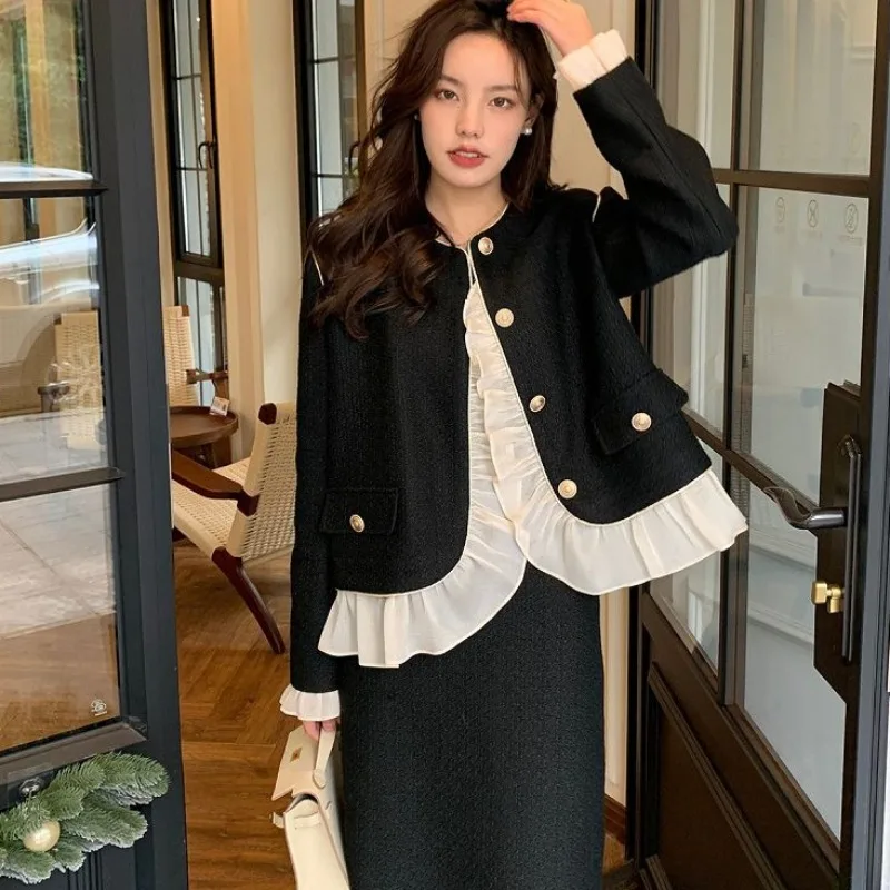 

2024 Spring Outfit Autumn Suit Winter Skirt Set Round Neck Small Fragrant Coat and Dress Sets Contrasting Ear Edges Patchwor