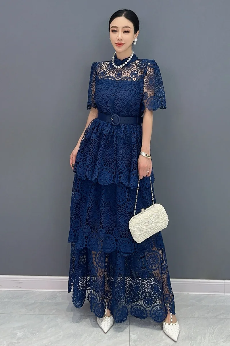 Summer 2024 New Elegant Hook Flower Hollow Lace Loose Long Dresses For Women Fashion Short Sleeve Dress Wholesale