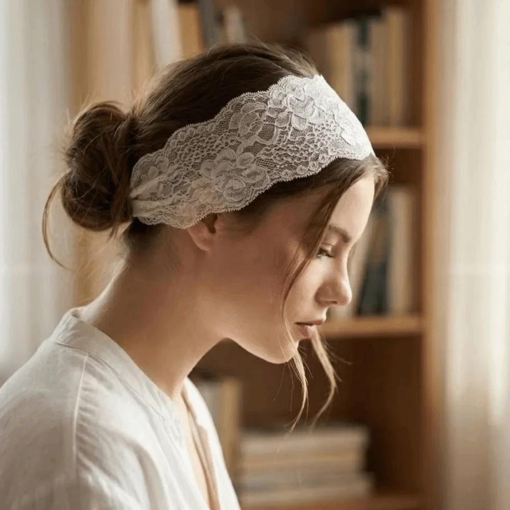 Fashion Adjustable Hollow Lace Headband Solid Color Flower Elastic Hair Band Y2K Funny Costume Sport Headscarf Celebration