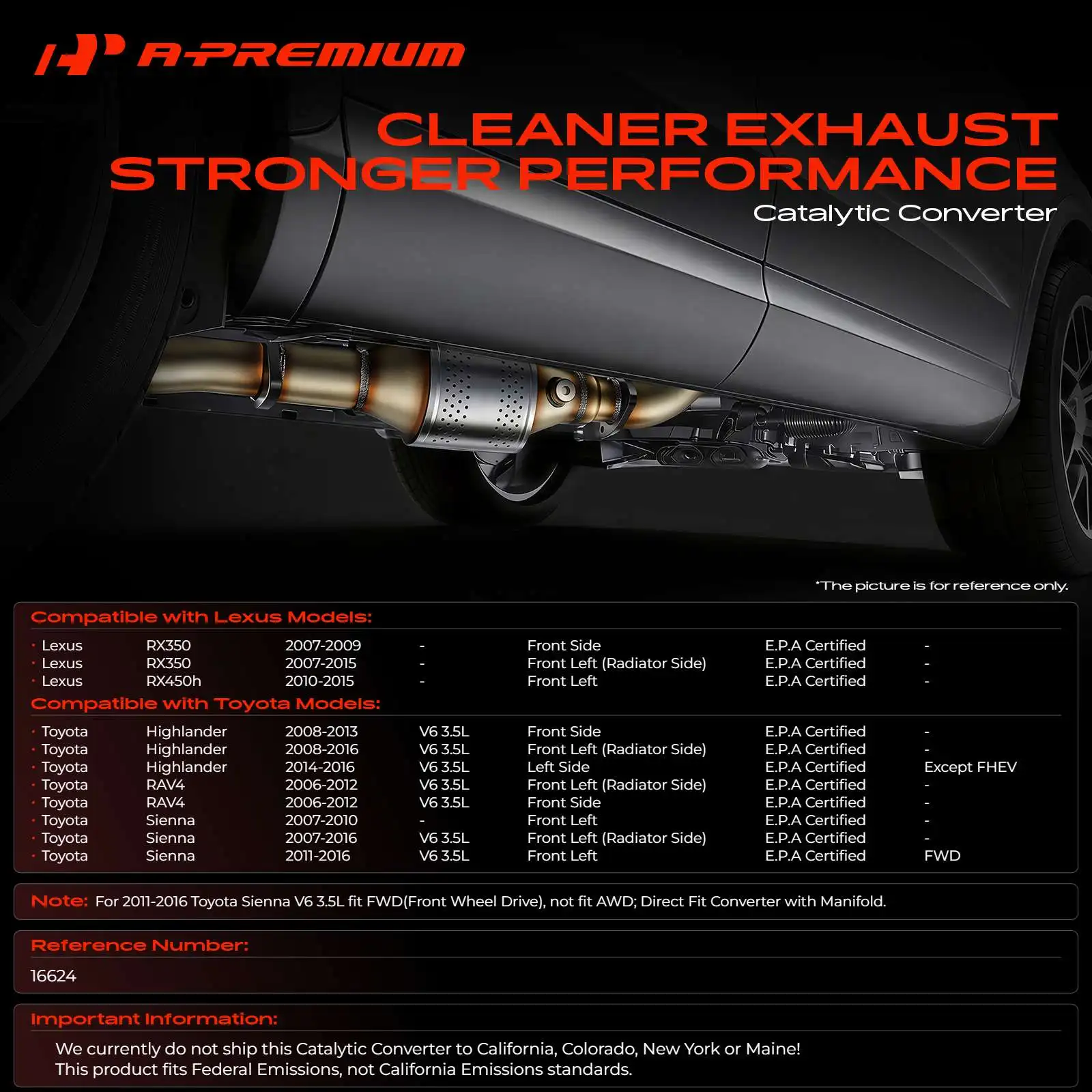 A-Premium Front Catalytic Converter for Toyota RAV4 06-12 Highlander 08-16 Sienna 07-16 Lexus RX350 07-15 RX450h 10-15