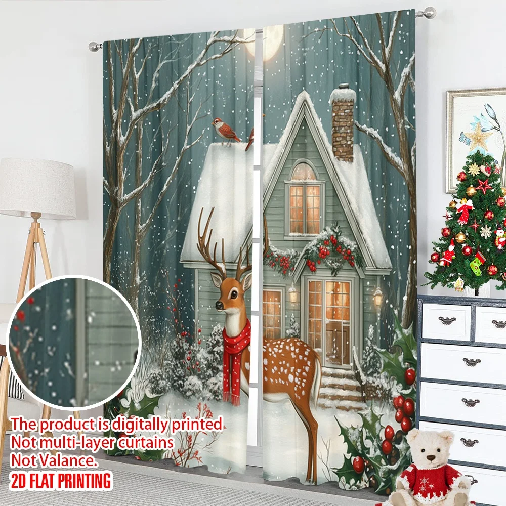 2 قطعة 2D الطباعة المسطحة حفلة عيد الميلاد الستار الغزلان الكاردينالز منزل ثلجي (3) النسيج بدون كهرباء عطلة احتفالية الكمال