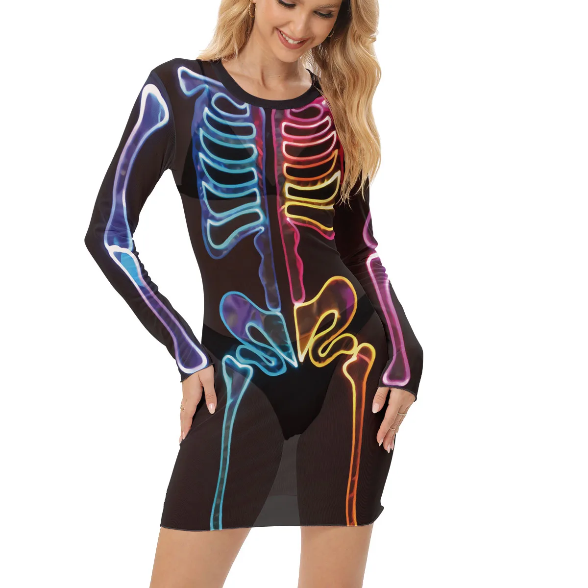 Nightclub Skeleton Dress Women Sexy Mini Mesh Dress Halloween Cosplay Robe Funny Carnival Breathable Outfit Music Festival Gown