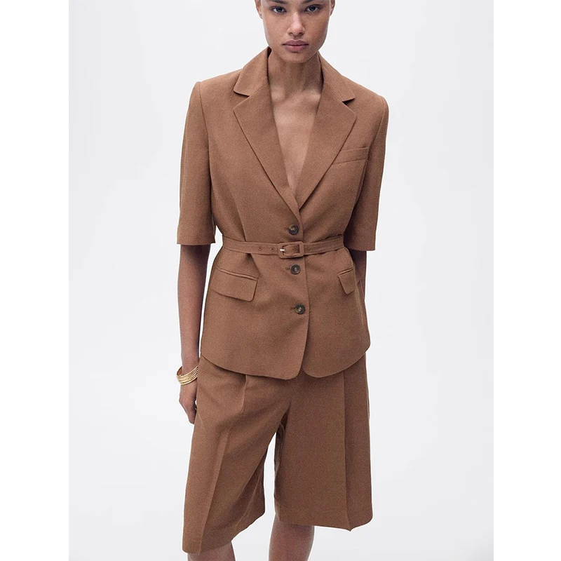 

Za Tailored with Belt Five-Quarter Sves Notch Collar ort Pants Faionable Suit Set Summer Collection 2025