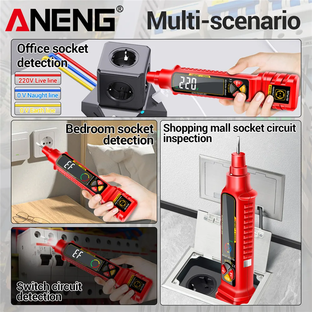 Socket Power Tester ANENG VD808 Line Detection AC/DC Voltage Measuremen Polarity Leakage NCV Voltage Sensing Electricians Tools