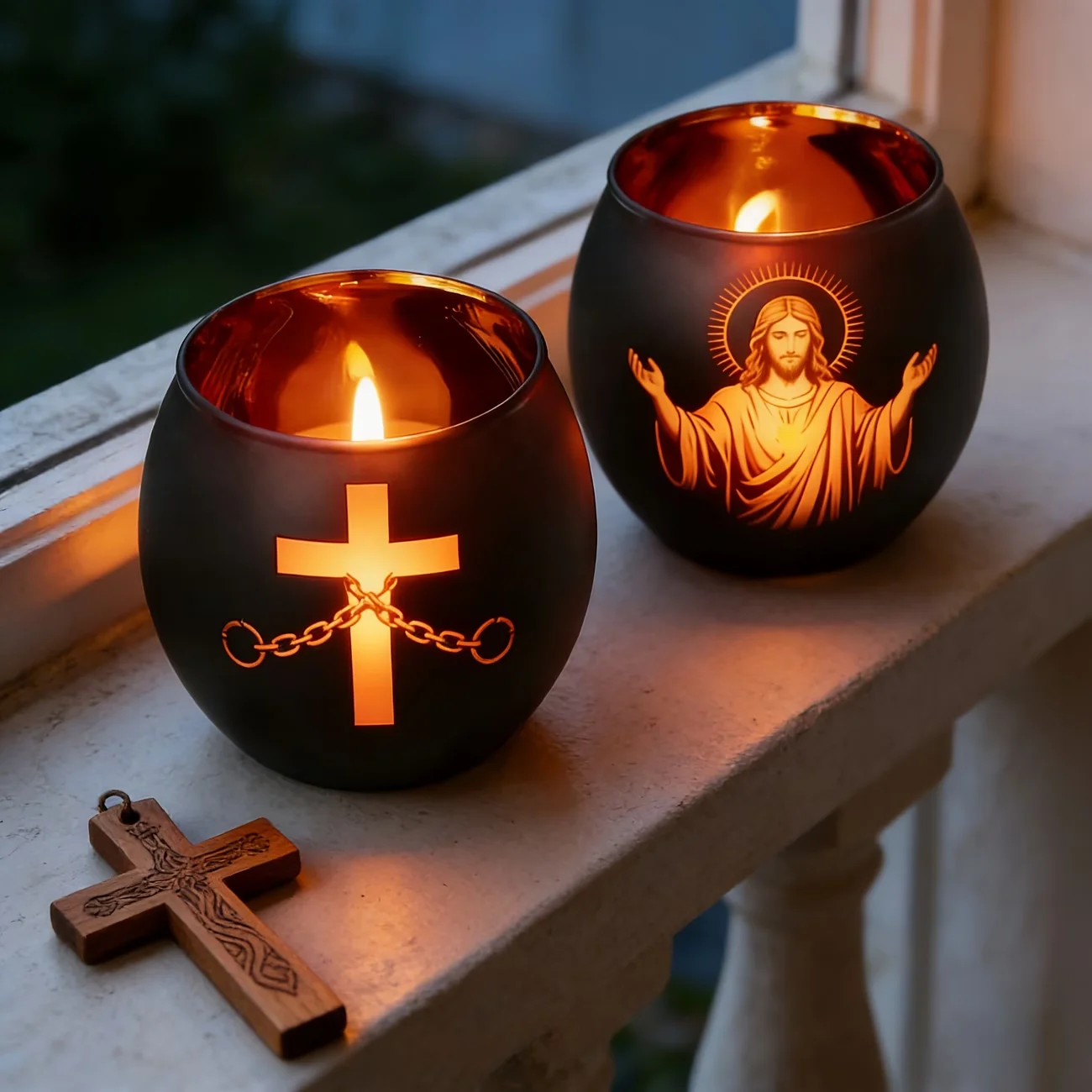 2pcs Figure & Cross Black Glass Candle Holders with Chains, Christian Religious Easter Decor, Sacred Meditation & Spiritual Gift