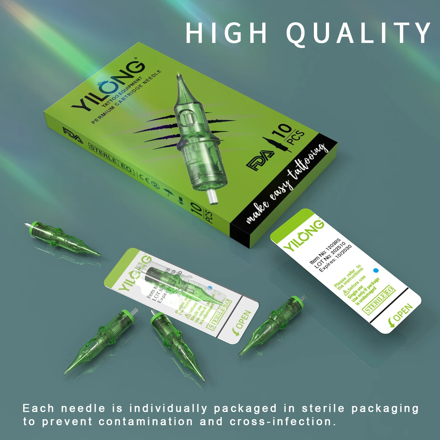 YILONG 10PCS Cartridge Sterile Package Green Tattoo Needles Permanent Make-Up Tattoo Tool for Cartridge Tattoo Machine Pen