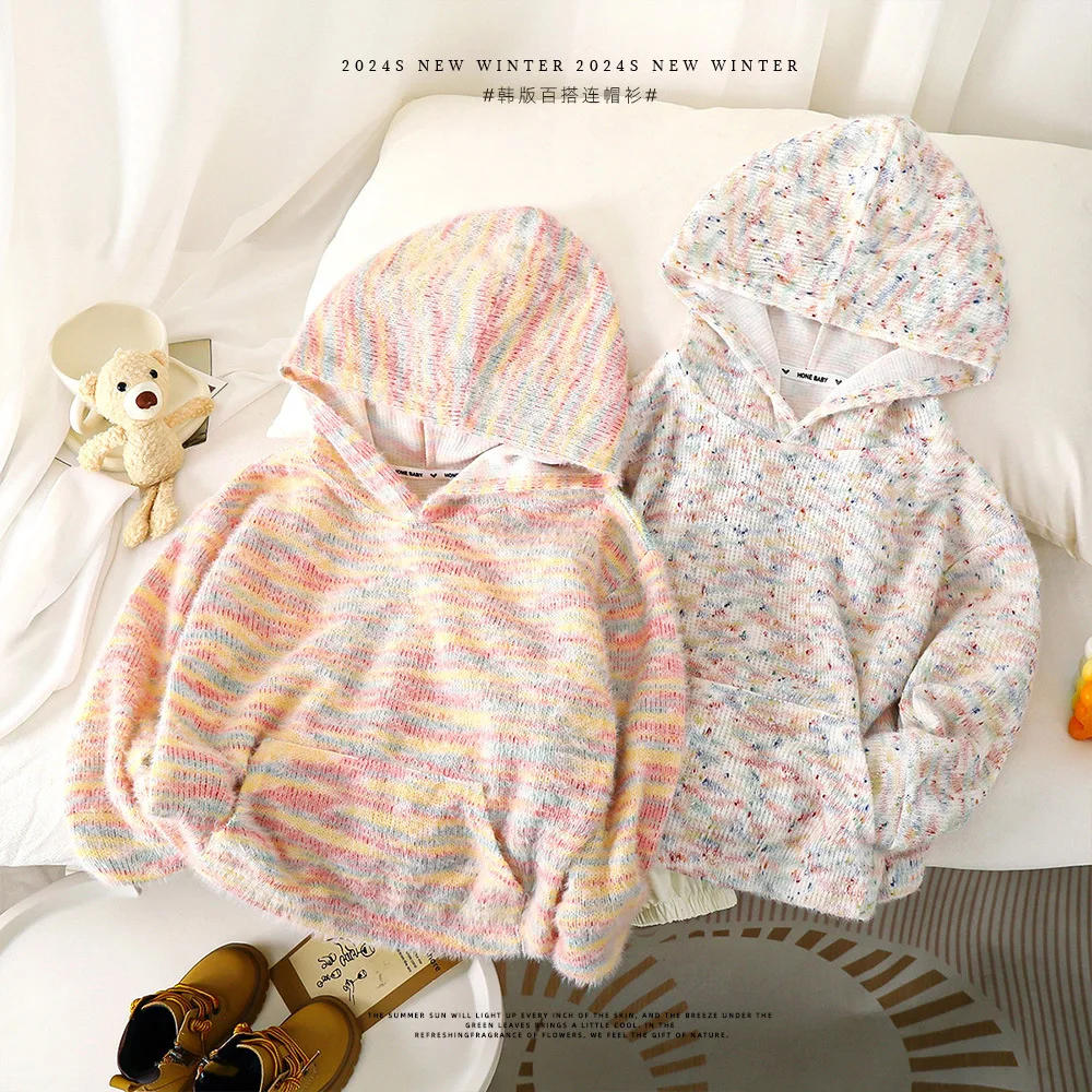 New 2025 Boys Girls Fashion Rainbow Striped Warm Knitted Hooded Sweater Kids Casual Knitwear Children's Autumn Winter Sweaters