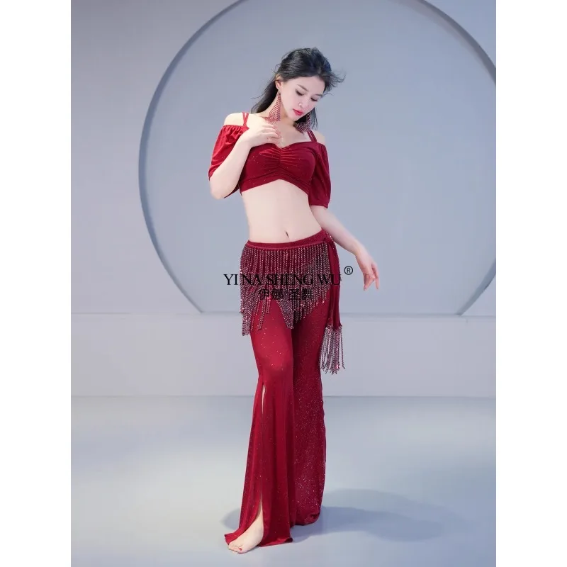 Sparkle Sheer Mesh Outfit Oriental Dance Costume Class Wear Girls Belly Dance Flare Trousers Shimmy 3pcs Suit Top Pants Belt