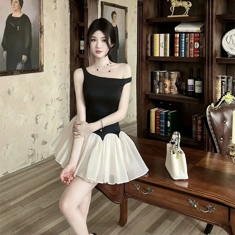 

EDGLuLu Black Satin Spliced White Mesh Woman Dresses Sweet Off Shoulder Short Sleeved Slim Fit Mini Party Dress 0421