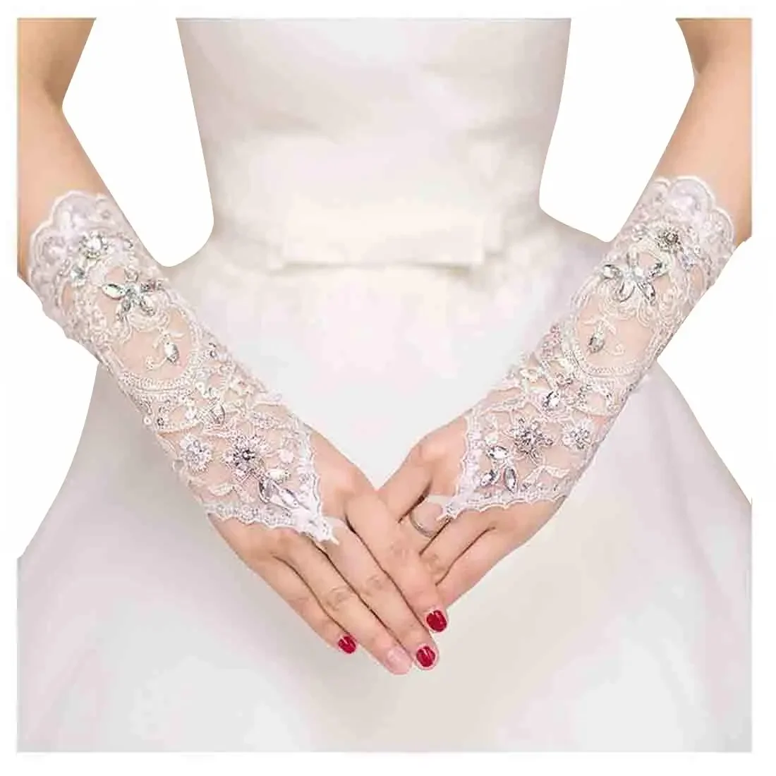 

Women' Wedding Lace Gloves Bridal Fingerless Tulle Crystal Sequins Wrist Cuffs White Hook Finger