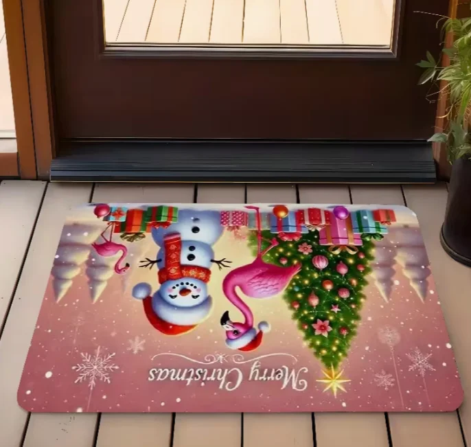 Single Piece Door Mat Featuring A Christmas Snowman and Tree Design, Made of Polyester, Suitable for Laundry Rooms and Kitchens