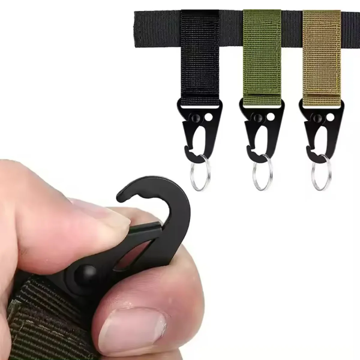 3pcs Tactical Gear Clip Nylon Key Ring Holder Belt Hooks Keyring Utility EDC Moolle Webbing Keychain Black Tan