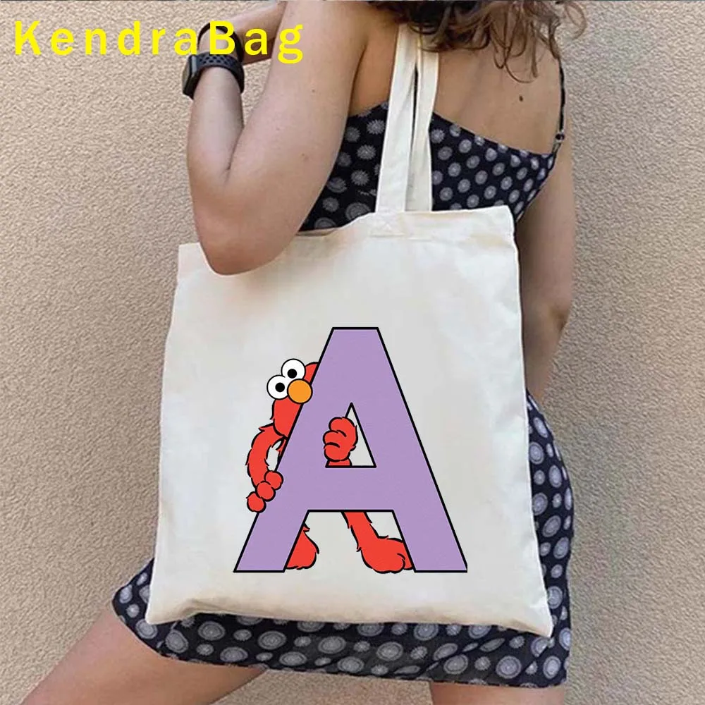 Cute Cartoon Initial Letter A to Z Elmo Alphabet Kawaii Gifts Pink Blue Purple Canvas Shoulder Totes Bags Shopper Cotton Handbag