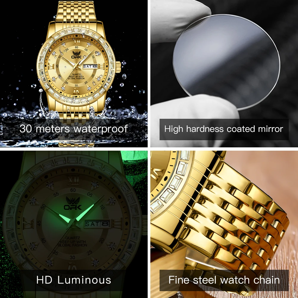 Original Watch 8174 Gold Diamond Wrist watch for Man Dual Calendar Display Men Hand Clock Stainless steel