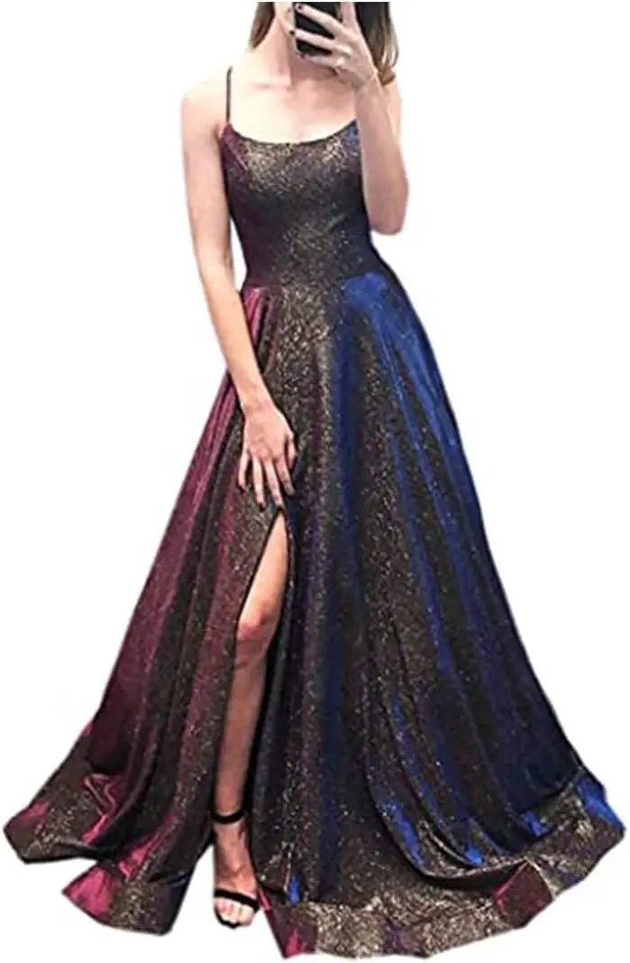 Women’s Glitter Prom Dresses 2025 Split Spaghetti Strap Long Formal Evening Wedding Party Ball Gown with Pockets