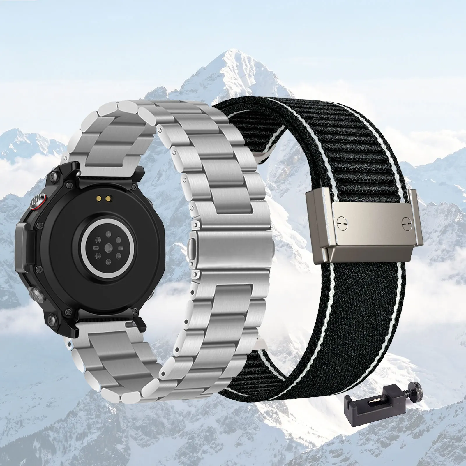 2pcs Bands for Amazfit T-Rex 3 Pro 48mm One Metal Strap and One Nylon Strap