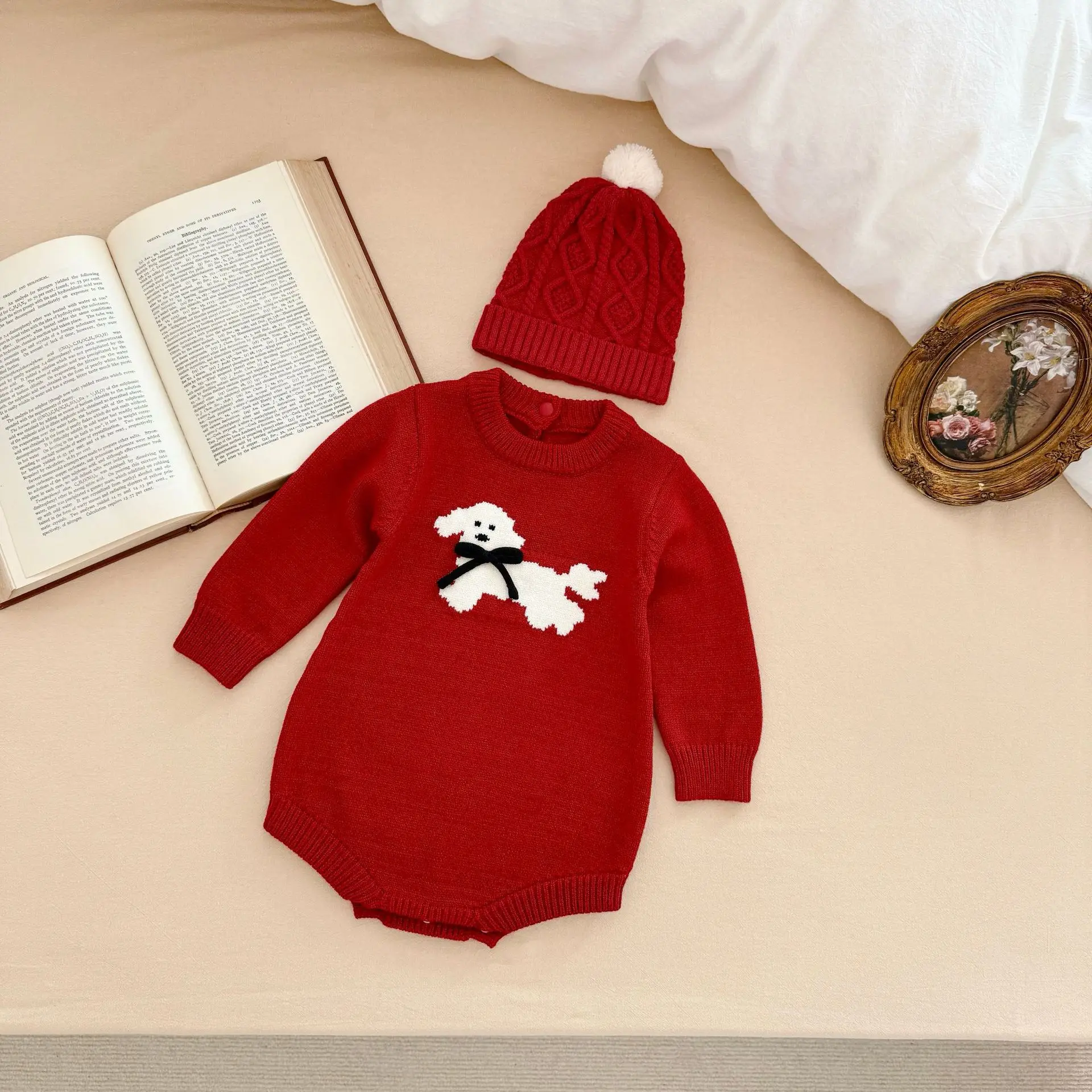 0-24M Winter Baby Knit Romper Winter Clothes Newborn Kid Boy Girl Sweater Animal Dog Print Bodysuit Cute Sweet Outfit