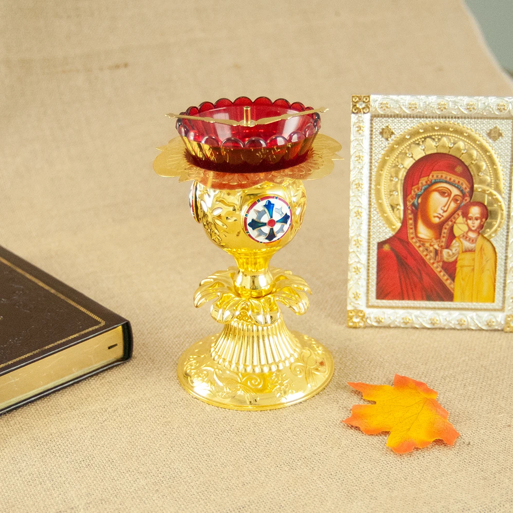 Orthodox Church Cross Vigil Lamp Gold Plated Religion Decor Church Home Table Candle Stick Candle Holder With Glass Cup Wick