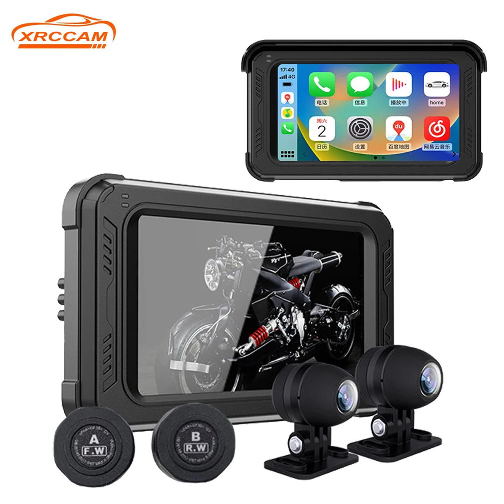 5'' IPS Touch Screen Motorcycle Dash Cam Dual Lens 1080P GPS Nav IP68 WiFi Bluetooth Carplay/Android Auto Media MP5 player TPMS